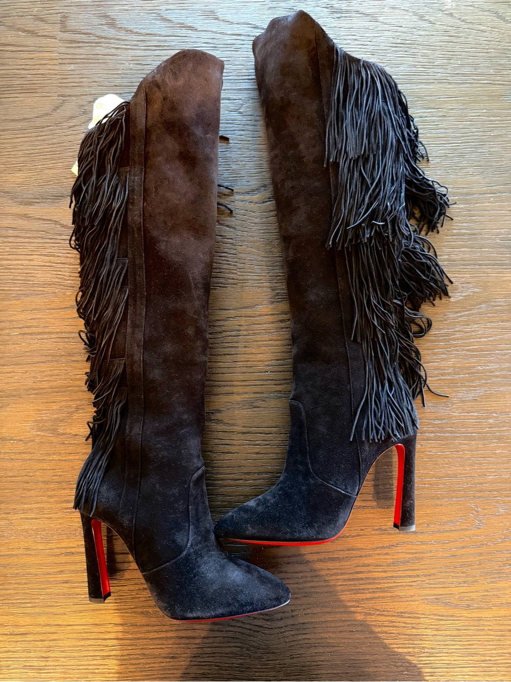 Christian Louboutin Black Over the Knee Fringe Boots